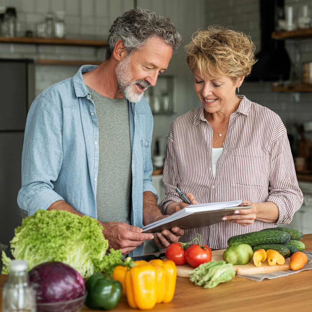 Middle-aged adults planning balanced meals together in a bright kitchen